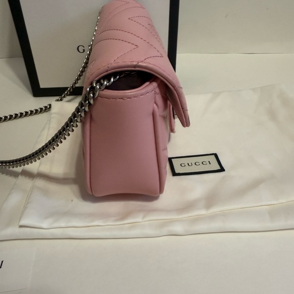 Gucci GG Marmont Super Mini Leather Crossbody In Pink/ Silver - Picture 6 of 16